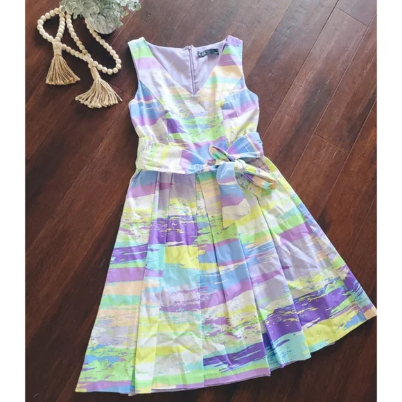 Leslie Fay | Dresses | Lf Leslie Fay Pastel Knee Length Sleeveless Fit Flare  Tie Waist Sheath Dress | Poshmark